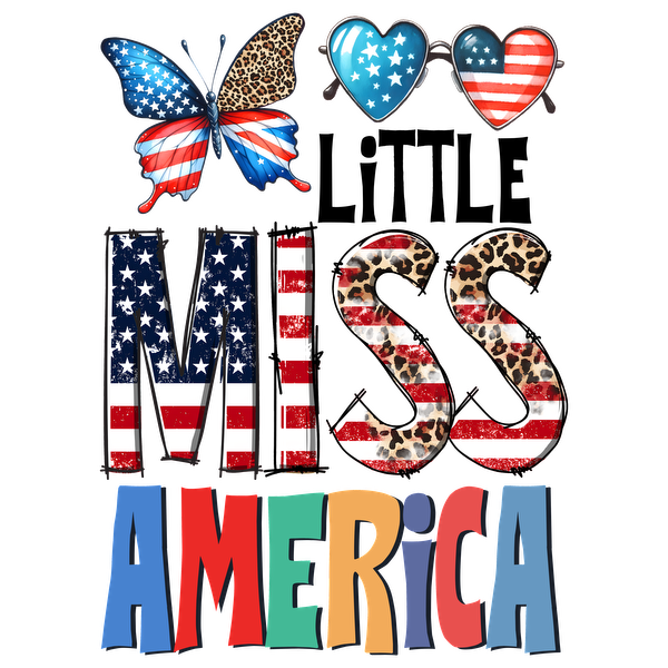 A vibrant and playful design featuring "MISS AMERICA" with patriotic colors, a butterfly, and heart-shaped sunglasses.dtf regular iron