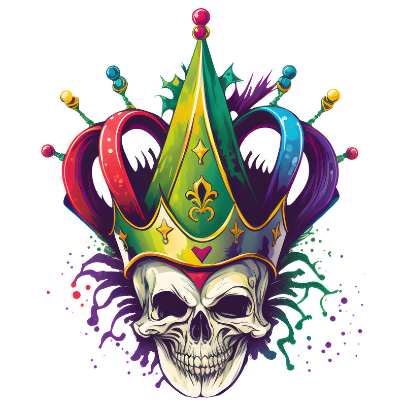 This vibrant design features a skull adorned with a colorful jester crown, radiating an eye-catching, playful energy.DTF Transfers