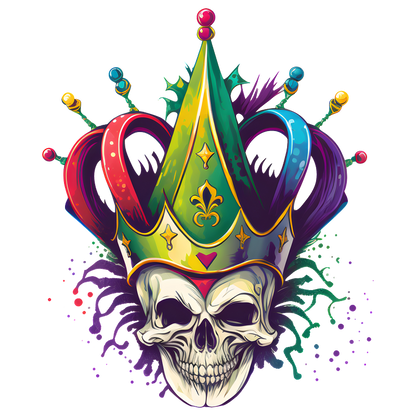 This vibrant design features a skull adorned with a colorful jester crown, radiating an eye-catching, playful energy.DTF Transfers