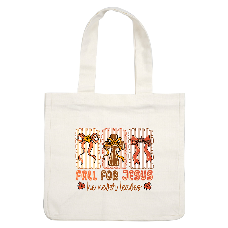 Charming autumn-themed graphic featuring a cross, bows, and the phrase "Fall for Jesus."DTF Transfers