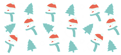 A cheerful winter-themed pattern featuring snowmen, evergreen trees, and snowflakes in light colors for a festive vibe.UV Transfersdtf regular iron