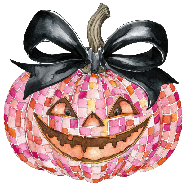 Una calabaza rosa caprichosa con diseño de mosaico, adornada con un elegante lazo negro, que presenta una sonrisa alegre y ojos divertidos.