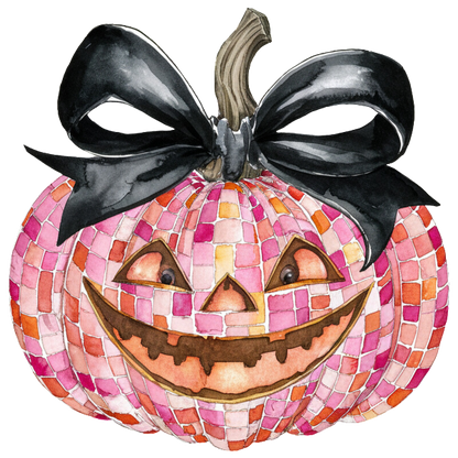 Una calabaza rosa caprichosa con diseño de mosaico, adornada con un elegante lazo negro, que presenta una sonrisa alegre y ojos divertidos.