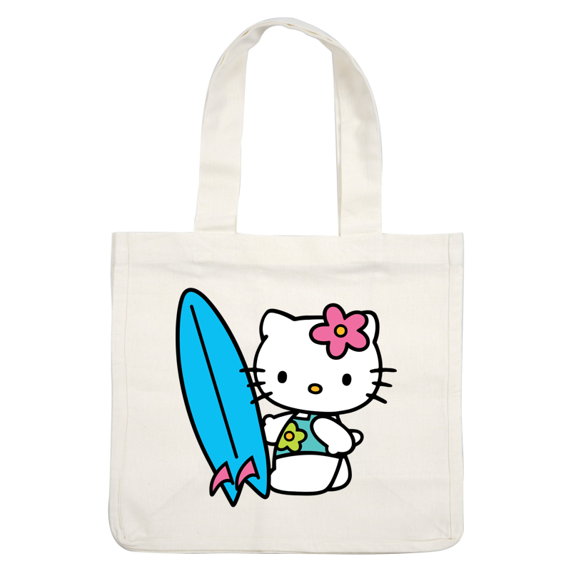 Hello Kitty is ready for fun in the sun, sporting a colorful swimsuit and holding a bright blue surfboard!DTF Transfers