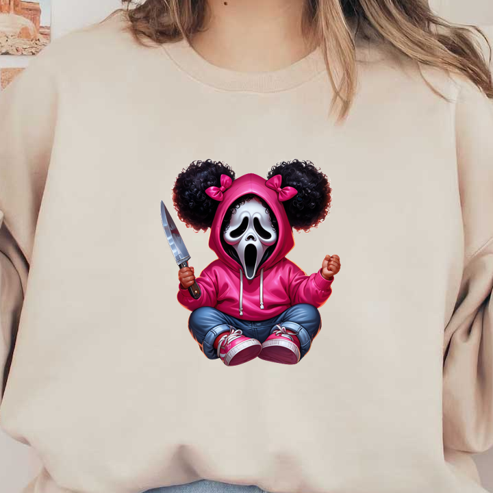 Un simpático personaje de dibujos animados que presenta una máscara de terror clásica, viste una sudadera con capucha rosa y sostiene un cuchillo, con coletas divertidas.