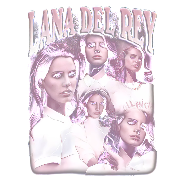 A vibrant graphic featuring multiple stylish representations of a woman, named Lana Del Rey, with pink hues and an artistic flair.DTF Transfers heat press transfers