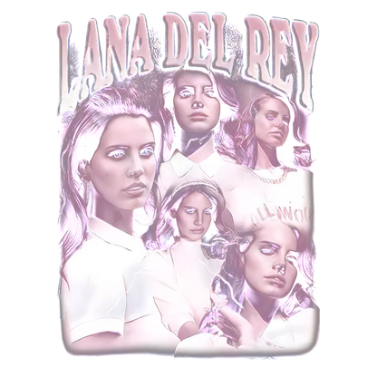 A vibrant graphic featuring multiple stylish representations of a woman, named Lana Del Rey, with pink hues and an artistic flair.DTF Transfers heat press transfers