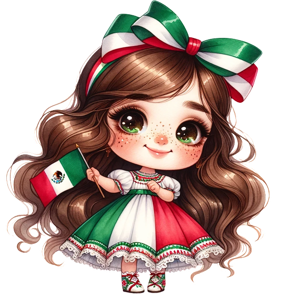 A cute girl in a traditional Mexican dress, holding a small Mexican flag and wearing a festive hair ribbon.dtf regular iron