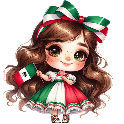 A cute girl in a traditional Mexican dress, holding a small Mexican flag and wearing a festive hair ribbon.dtf regular iron