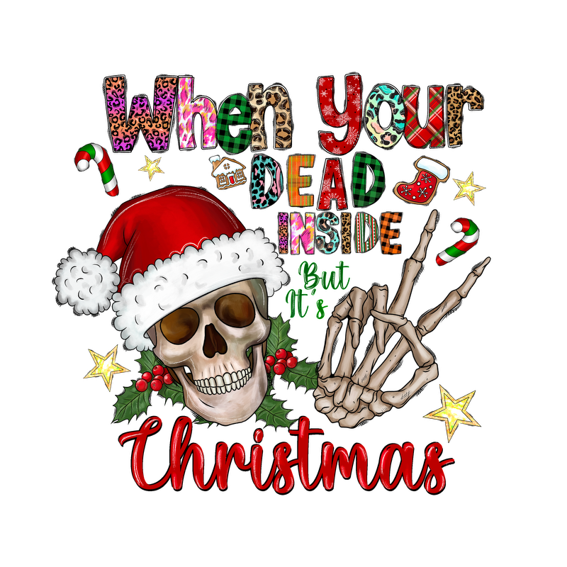 This whimsical Christmas design features colorful text and festive elements, combining holiday cheer with a playful skeleton hand motif.DTF Transfers