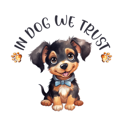 Un simpático cachorro de dibujos animados que lleva una pajarita, acompañado de la frase "In Dog We Trust" y huellas de patas.