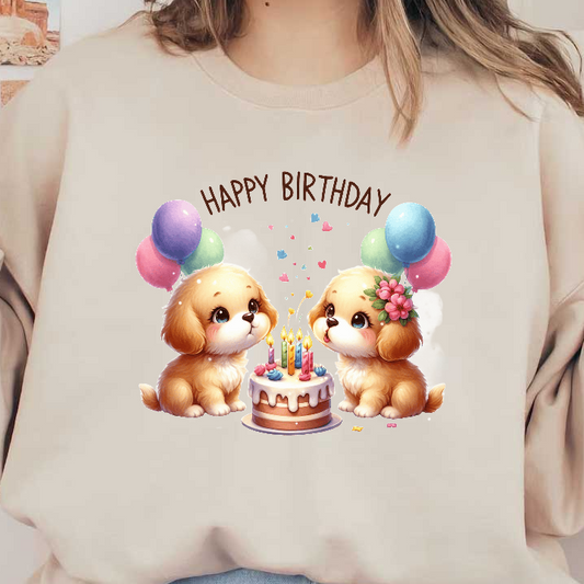 Celebrate with these adorable puppies surrounded by birthday balloons and a colorful cake, spreading joy and festive cheer!DTF Transfers