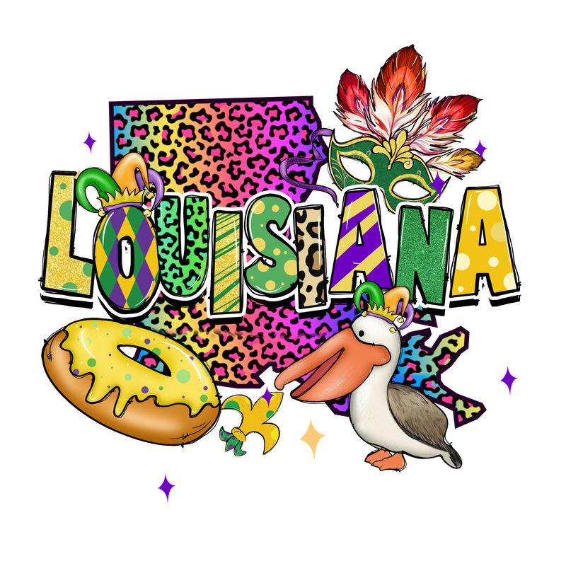 A vibrant and colorful design featuring "Louisiana" with iconic symbols like a pelican, donut, and Mardi Gras mask.DTF Transfers