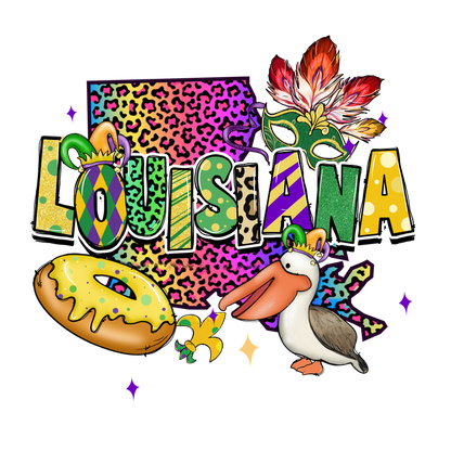 A vibrant and colorful design featuring "Louisiana" with iconic symbols like a pelican, donut, and Mardi Gras mask.DTF Transfers