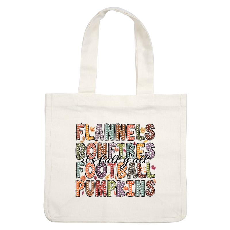 Celebre el otoño con este diseño vibrante que muestra palabras clave como "Franelas", "Fútbol", "Calabazas" y "Fogatas", ¡perfectas para la temporada!