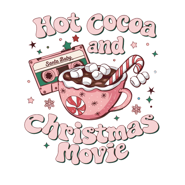 Cozy illustration featuring hot cocoa topped with marshmallows and a candy cane, accompanied by a festive cassette tape. heat press transfers