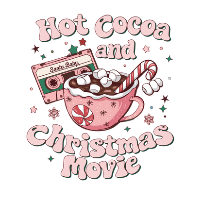 Cozy illustration featuring hot cocoa topped with marshmallows and a candy cane, accompanied by a festive cassette tape. heat press transfers