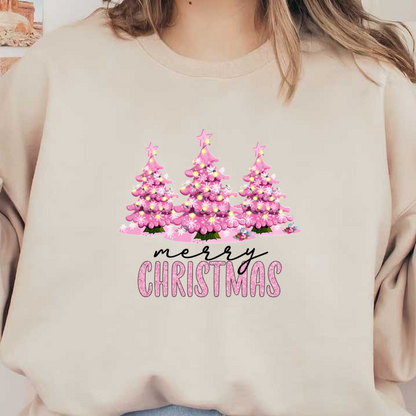 Cheerful pink Christmas trees adorned with lights and snowflakes, accompanied by festive text at the bottom, perfect for holiday celebrations!dtf regular iron