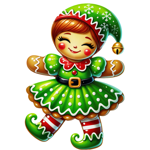 A cheerful gingerbread girl character in a festive green dress with red accents and a playful elf hat.DTF Transfers heat press transfers