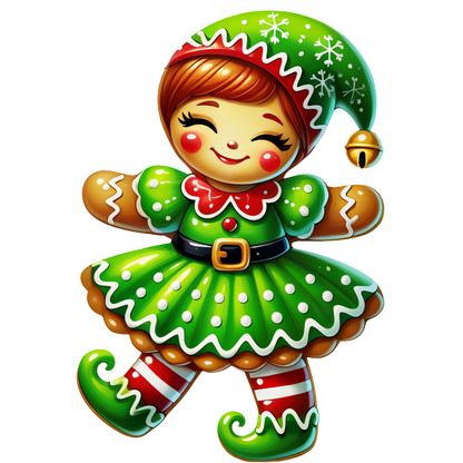 A cheerful gingerbread girl character in a festive green dress with red accents and a playful elf hat.DTF Transfers heat press transfers