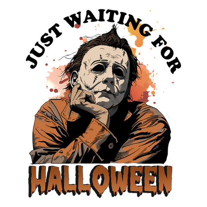 A vibrant graphic featuring a character in a mask with the caption "Just waiting for Halloween," perfect for spooky season fans. dtf transfers