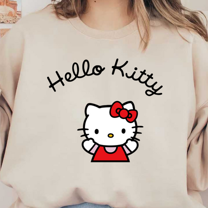 Meet Hello Kitty, the adorable white cat character wearing a red dress and bow, waving cheerfully!DTF Transfers