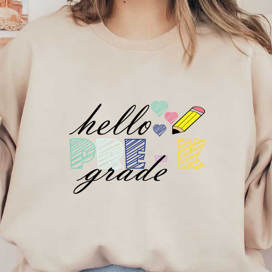 Colorful “PRE-K” text design featuring playful hearts and a pencil, perfect for early childhood education themes!DTF Transfers