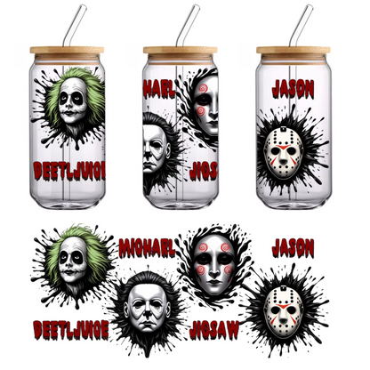 A vibrant graphic featuring iconic horror movie characters, including Beetlejuice, Michael Myers, Jigsaw, and Jason, with bold text highlights.UV Transfers dtf transfers