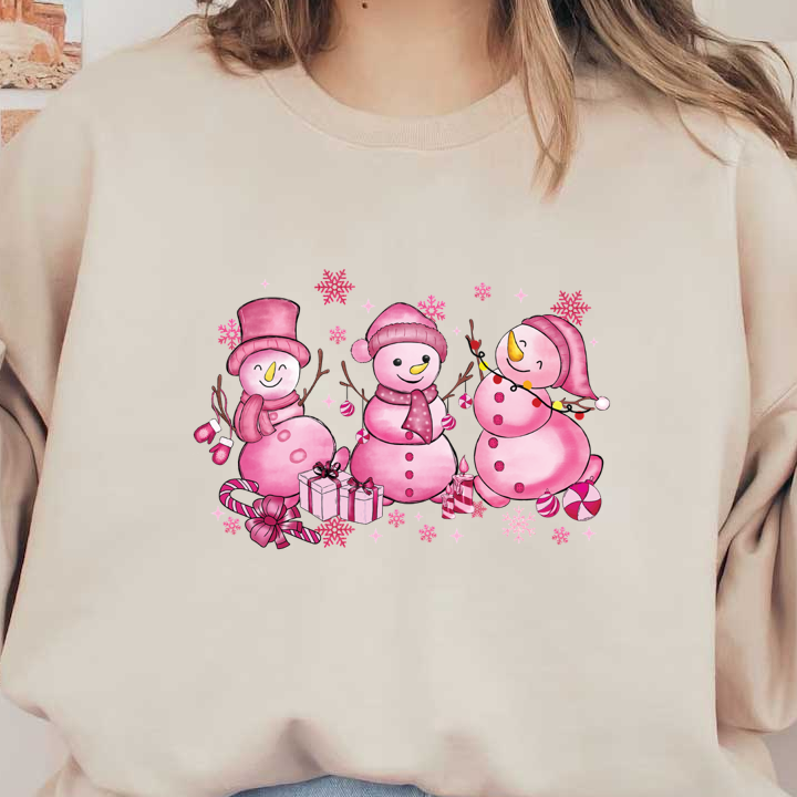 Three adorable pink snowmen adorned with hats and scarves, surrounded by gifts and festive decorations, perfect for holiday cheer!