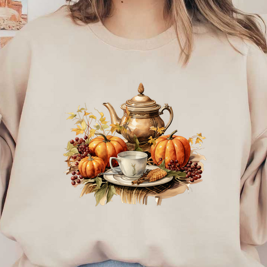 A charming autumn display featuring a decorative teapot, vibrant pumpkins, a delicate tea cup, and lush foliage. dtf prints