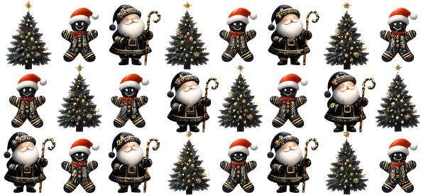 A festive arrangement featuring cheerful Santas in black outfits and Christmas trees adorned with bright red hats and gold accents.UV Transfers heat press transfers