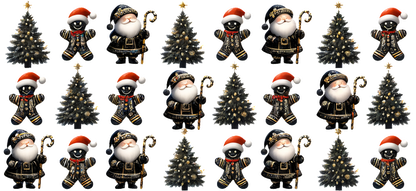 A festive arrangement featuring cheerful Santas in black outfits and Christmas trees adorned with bright red hats and gold accents.UV Transfers heat press transfers