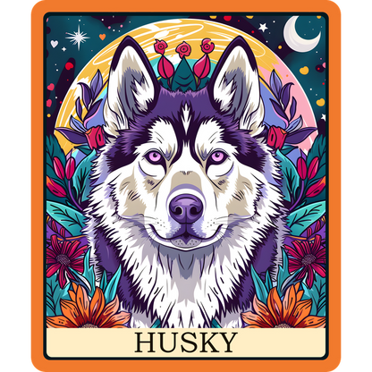 Retrato ilustrado colorido de un husky rodeado de flores vibrantes, que muestra sus rasgos llamativos y sus ojos expresivos.