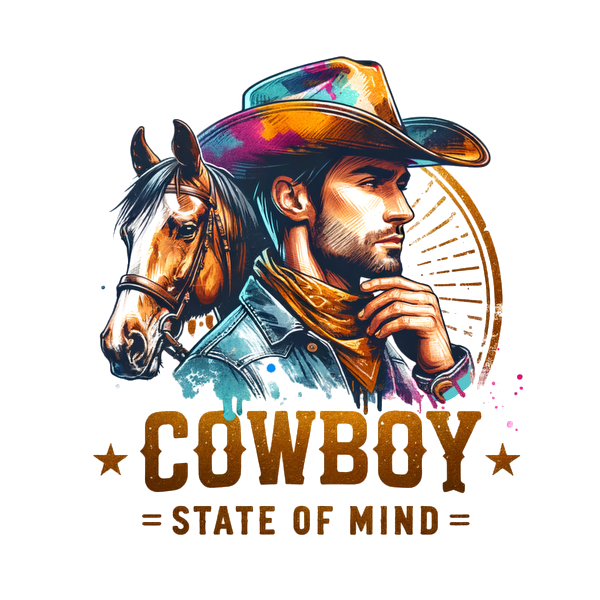 Una ilustración vibrante de un vaquero con un caballo, con el texto "Cowboy State of Mind" en letras en negrita.