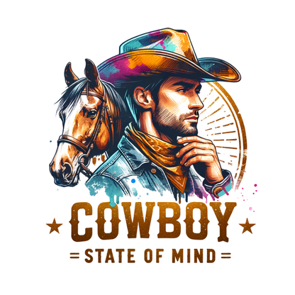 Una ilustración vibrante de un vaquero con un caballo, con el texto "Cowboy State of Mind" en letras en negrita.