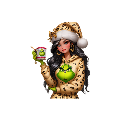 A stylish character in a leopard-print hoodie and festive hat, holding a drink with a vibrant green apple design.DTF Transfers dtf transfers