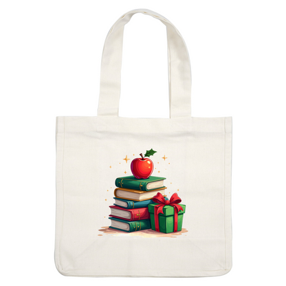 A whimsical stack of colorful books topped with a shiny red apple and a festive green gift with a red ribbon.DTF Transfers