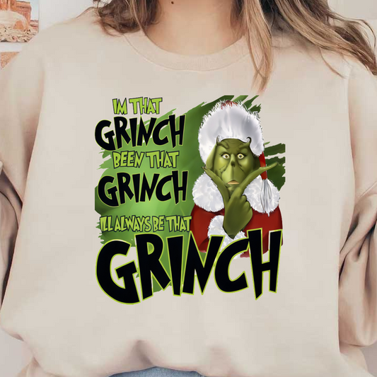 A whimsical illustration of the Grinch in a Santa outfit, pondering with a cheeky expression, surrounded by playful text.DTF Transfersdtf regular iron