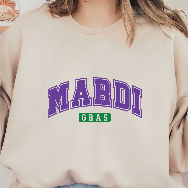 Celebrate Mardi Gras with this vibrant purple and green graphic featuring bold lettering that captures the festive spirit!DTF Transfers