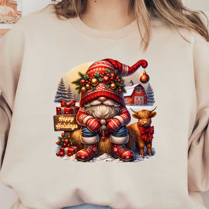 A festive gnome in a red and white outfit sits next to a cow, surrounded by holiday gifts and decorations.DTF Transfers heat press transfers