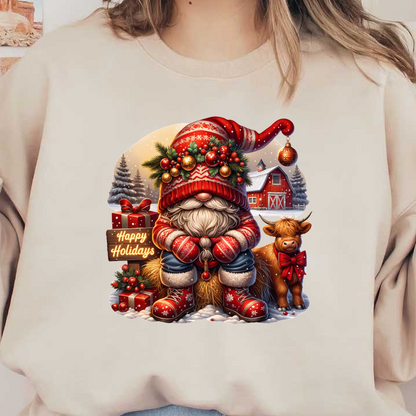 A festive gnome in a red and white outfit sits next to a cow, surrounded by holiday gifts and decorations.DTF Transfers heat press transfers