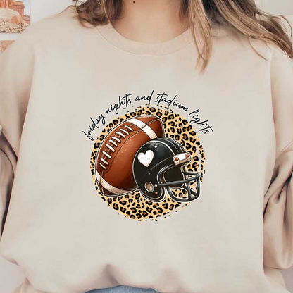 Un diseño divertido que presenta un balón de fútbol y un casco adornado con un corazón, rodeado por un estampado de leopardo y un texto divertido.