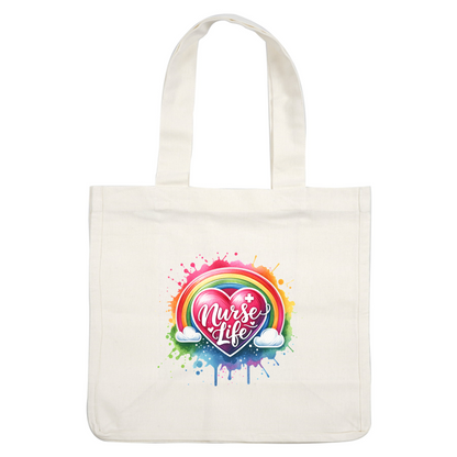 Colorful and vibrant design featuring a heart and the phrase "Nurse Life," framed by a rainbow and cheerful clouds.DTF Transfers