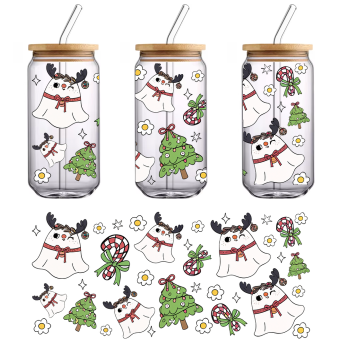 A whimsical pattern featuring adorable ghosts with reindeer antlers, holiday trees, candy canes, and cheerful daisies.UV Transfers dtf prints