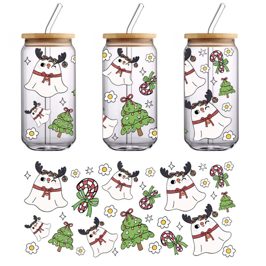 A whimsical pattern featuring adorable ghosts with reindeer antlers, holiday trees, candy canes, and cheerful daisies.UV Transfers dtf prints