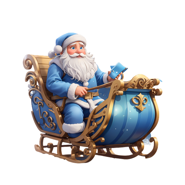 A cheerful Santa in a decorative blue sleigh holds a mug and looks ready for holiday adventures.DTF Transfers dtf transfers