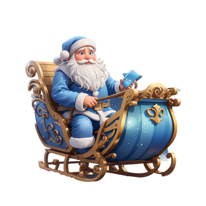 A cheerful Santa in a decorative blue sleigh holds a mug and looks ready for holiday adventures.DTF Transfers dtf transfers