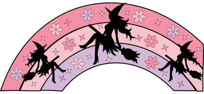 A whimsical silhouette of witches flying on brooms across a pastel rainbow adorned with colorful flowers.UV Transfers heat press transfers