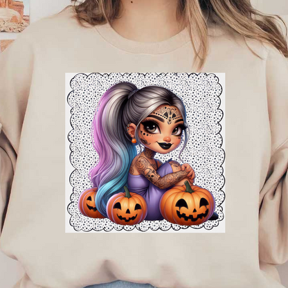 Una encantadora ilustración con temática de Halloween que presenta a una niña con cabello colorido y tatuajes intrincados, rodeada de divertidas linternas de Halloween.