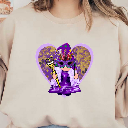 A whimsical cartoon figure dressed in a regal purple outfit, holding a scepter, set against a heart-shaped background.DTF Transfers